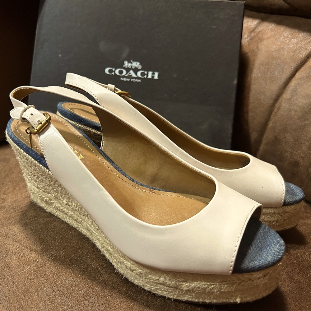 Coach Women's Cream and Blue Wedge Sandals